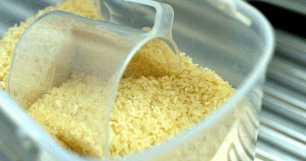 Stocked pantry shelves with bags of rice, flour, and lentils in a Dubai kitchen