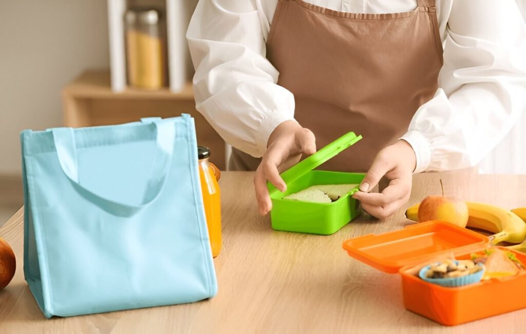 Healthy school lunchbox with fruits, sandwiches, and snacks from Grubss Dubai