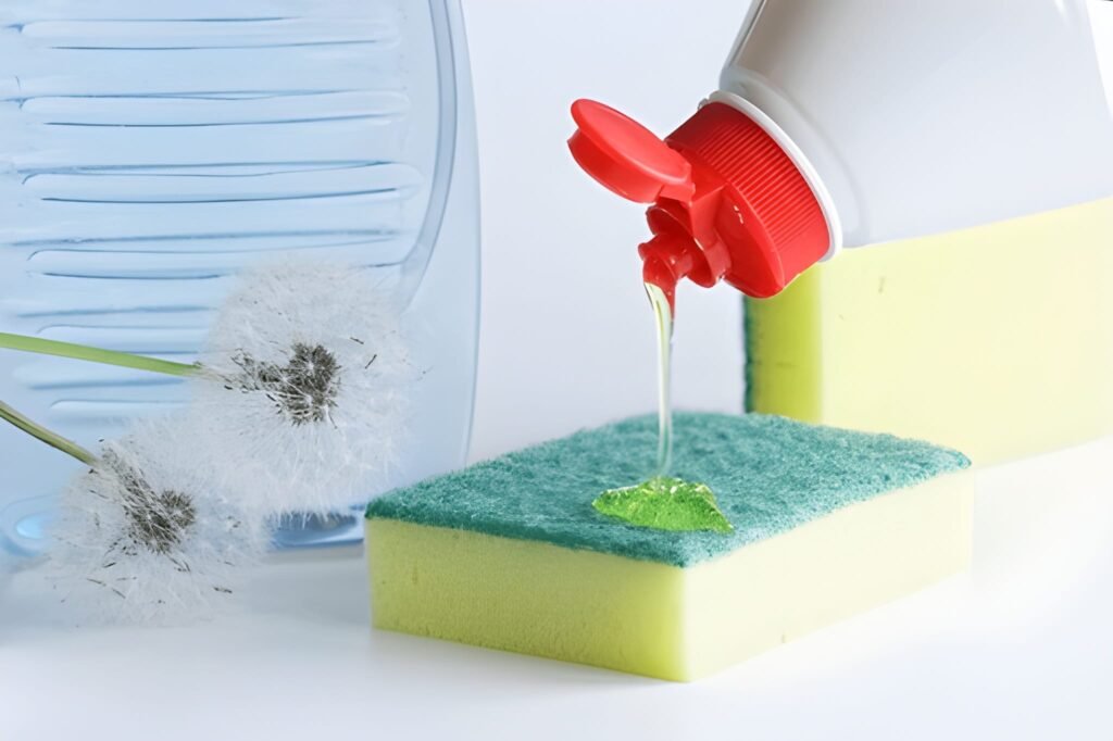 Assorted dishwashing liquid bottles and sponges on a clean kitchen counter