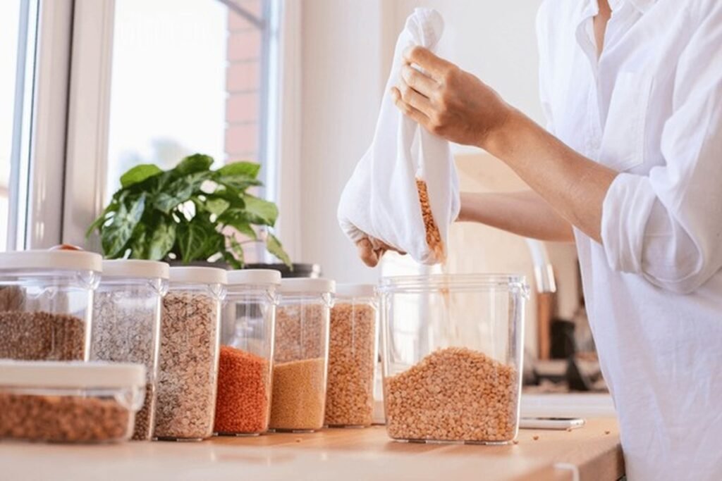 Zero-waste kitchen setup with smart storage containers and reusable products